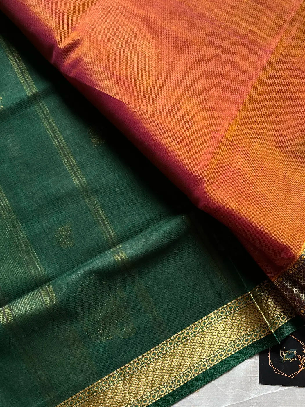 Vegan Silk Saree – Blushcopper & Green | Handloom Art Silk