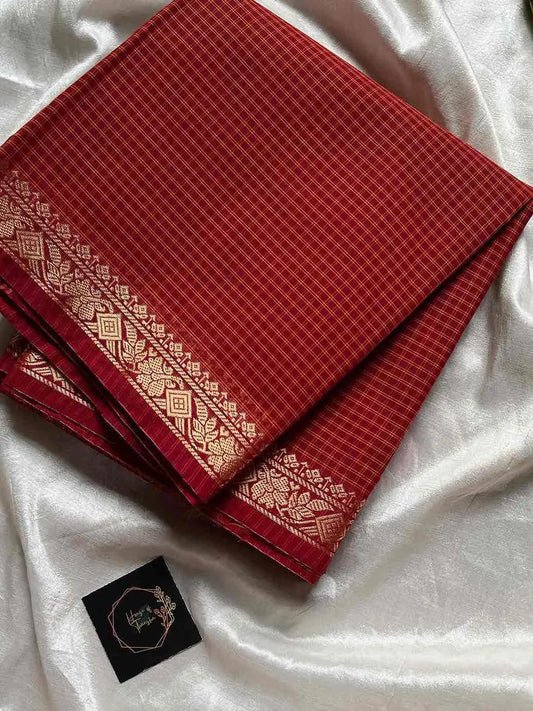 Mini Kattam – Reddish Maroon Checked Chettinadu Cotton Saree (Without blouse)