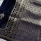 Dark royal blue Banarasi mashru silk saree with golden zari work and rich woven pallu - House of Thansha