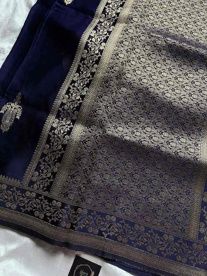Dark royal blue Banarasi mashru silk saree with golden zari work and rich woven pallu - House of Thansha