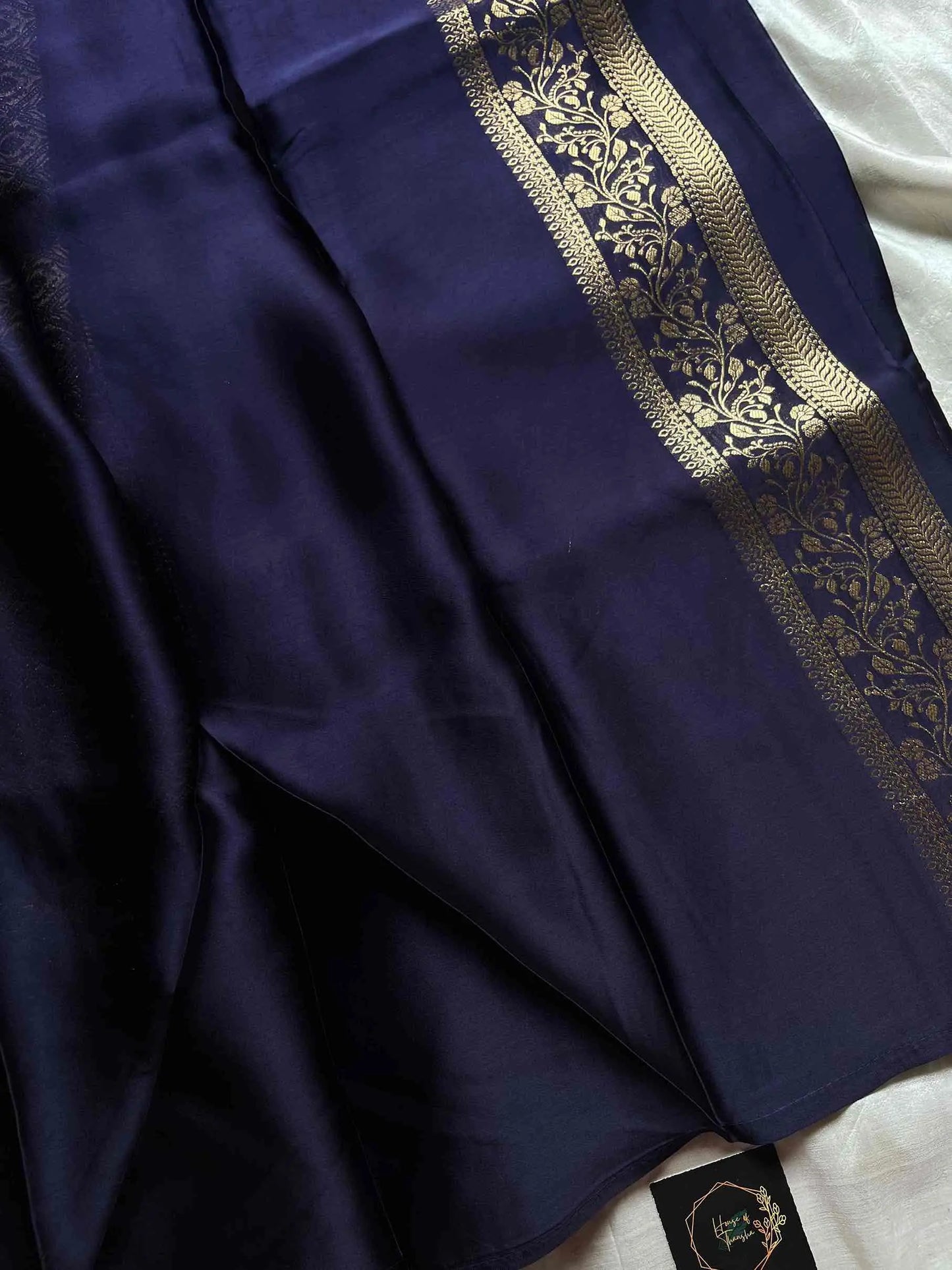 Dark royal blue Banarasi mashru silk saree with golden zari work and rich woven pallu - House of Thansha