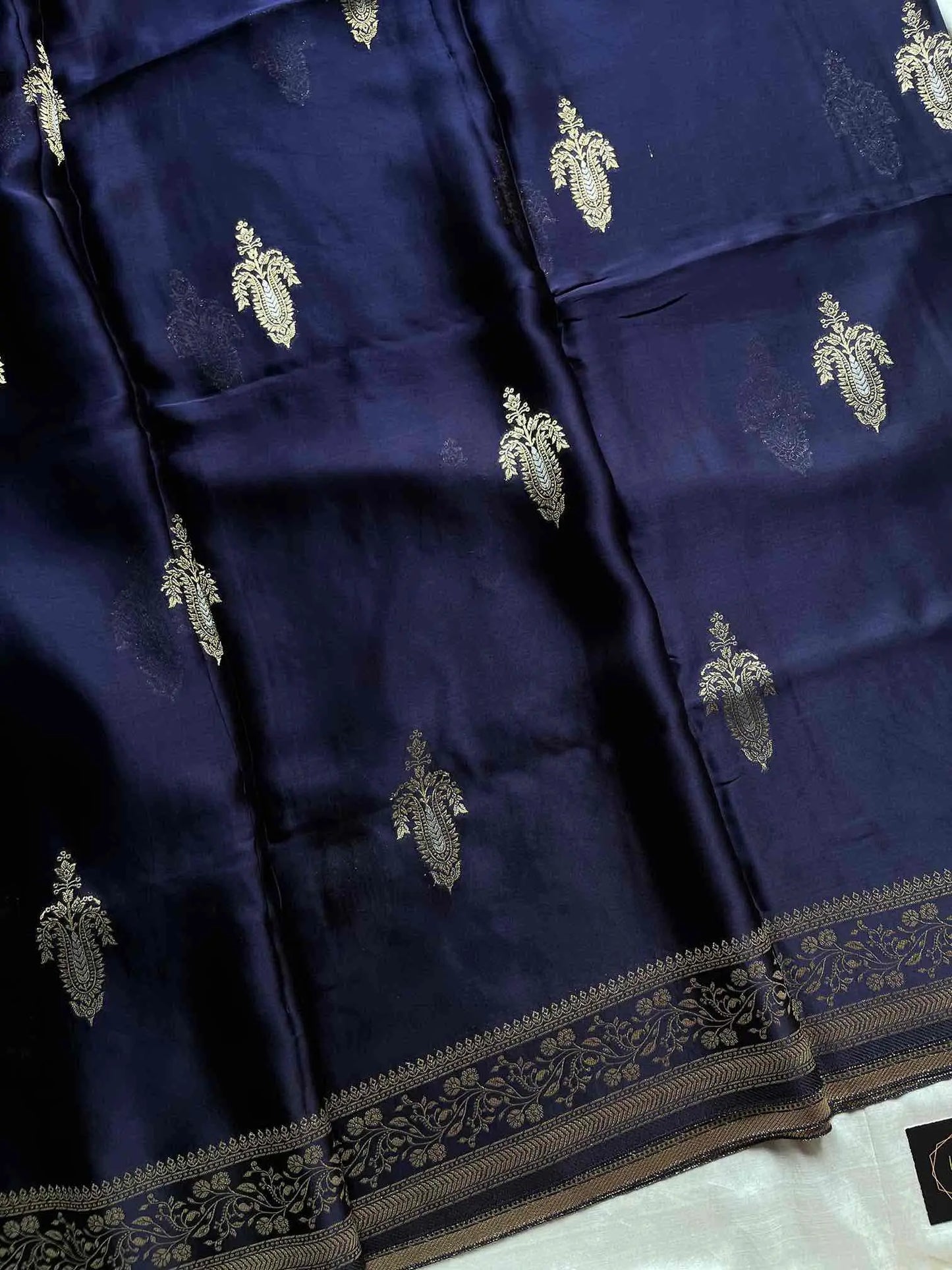 Dark royal blue Banarasi mashru silk saree with golden zari work and rich woven pallu - House of Thansha