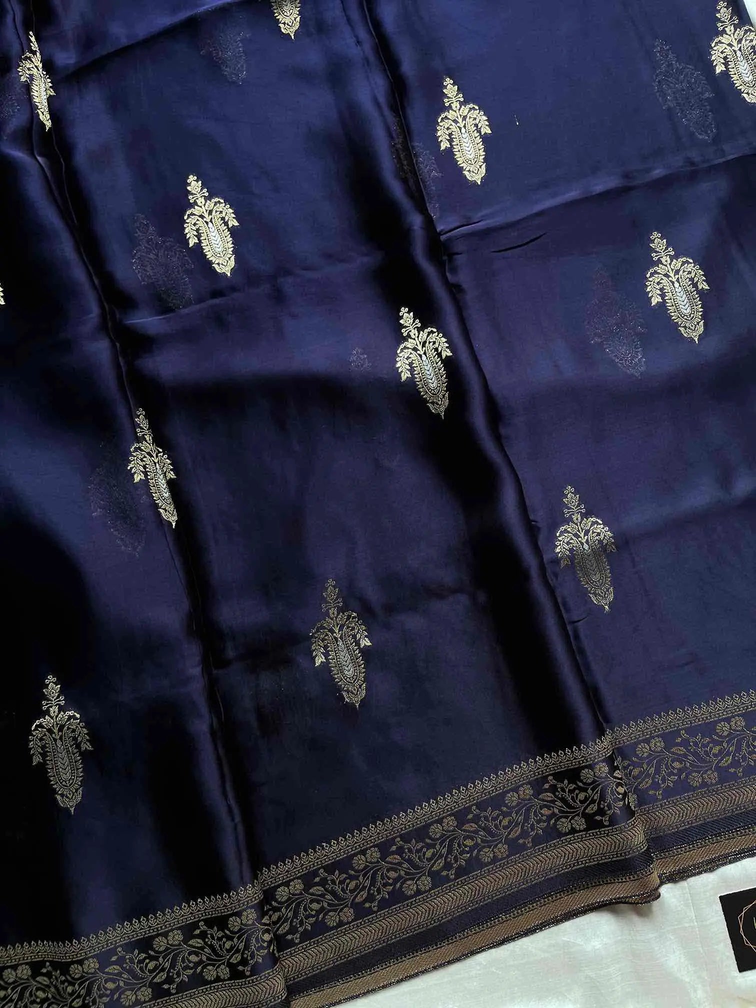 Dark royal blue Banarasi mashru silk saree with golden zari work and rich woven pallu - House of Thansha