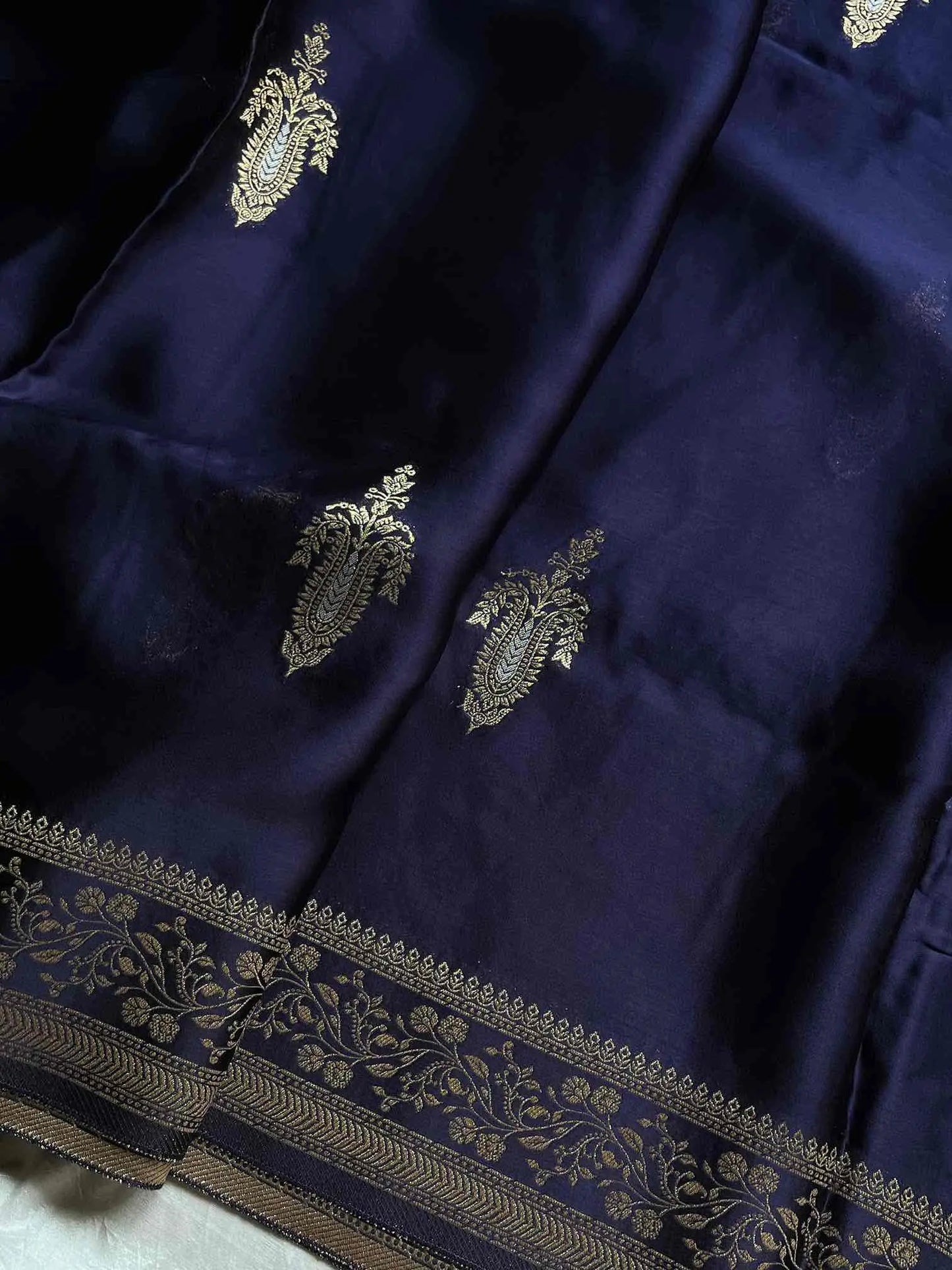 Dark royal blue Banarasi mashru silk saree with golden zari work and rich woven pallu - House of Thansha