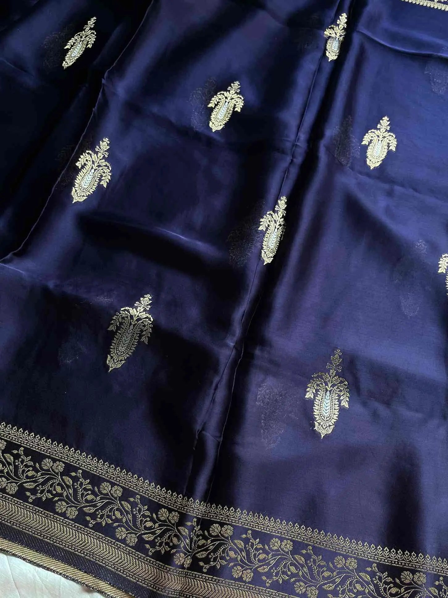 Dark royal blue Banarasi mashru silk saree with golden zari work and rich woven pallu - House of Thansha