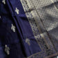 Dark royal blue Banarasi mashru silk saree with golden zari work and rich woven pallu - House of Thansha