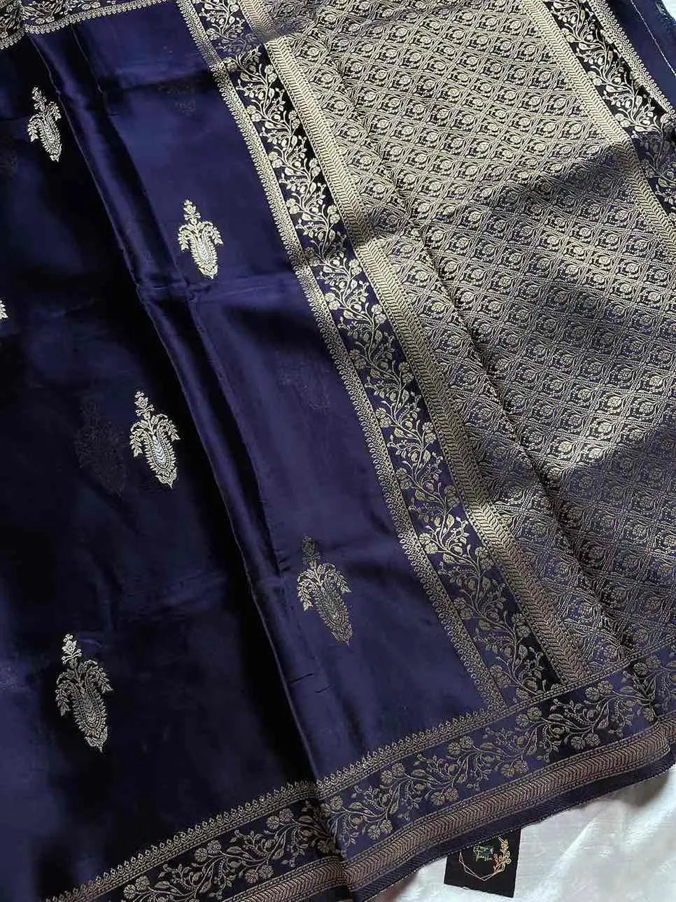 Dark royal blue Banarasi mashru silk saree with golden zari work and rich woven pallu - House of Thansha