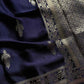 Dark royal blue Banarasi mashru silk saree with golden zari work and rich woven pallu - House of Thansha