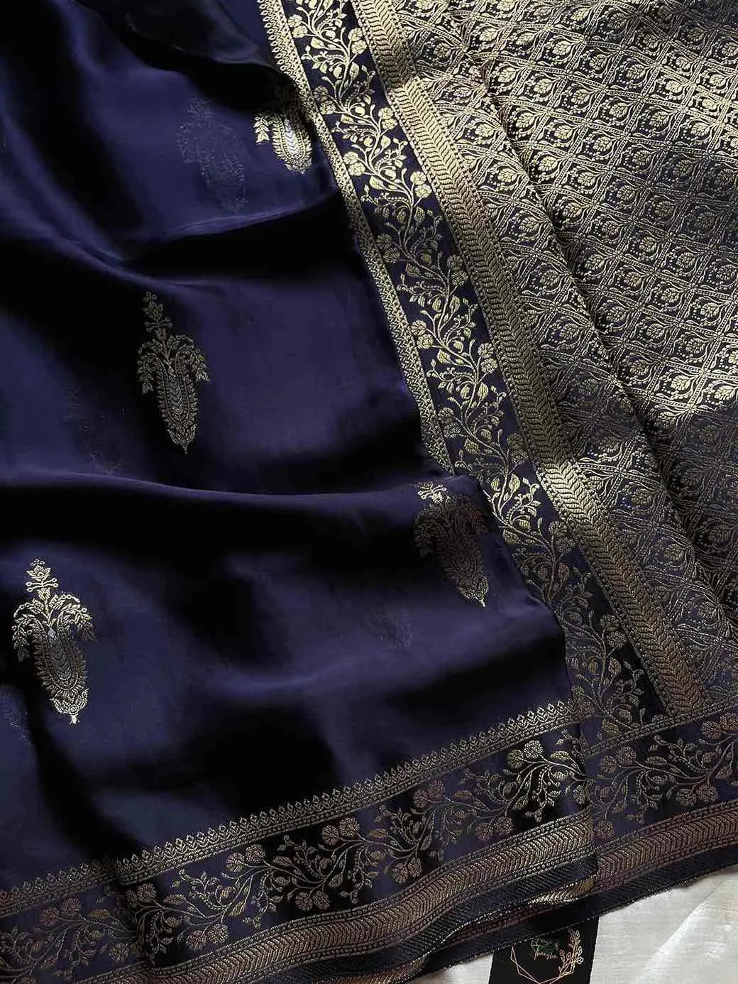 Dark royal blue Banarasi mashru silk saree with golden zari work and rich woven pallu - House of Thansha