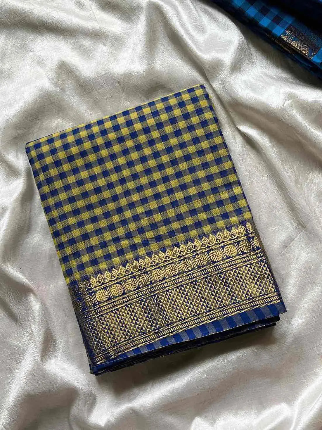 Mini Kattam – Yellow & Blue Chettinadu cotton (Without Blouse)