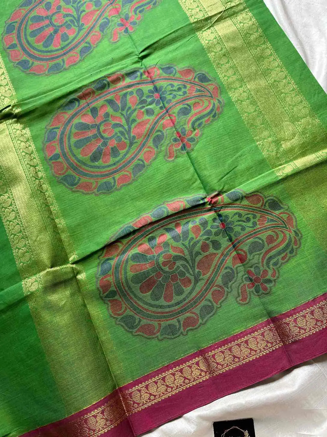 Green Kanchi Cotton Saree with small border and mango motif zari pallu – Zari & Thread Edit by House of Thansha