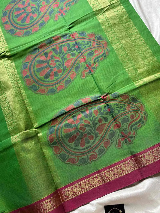 Green Kanchi Cotton Saree with small border and mango motif zari pallu – Zari & Thread Edit by House of Thansha