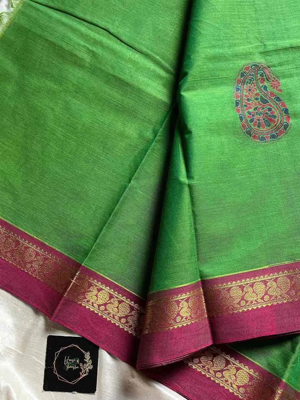 Green Kanchi Cotton Saree with small border and mango motif zari pallu – Zari & Thread Edit by House of Thansha