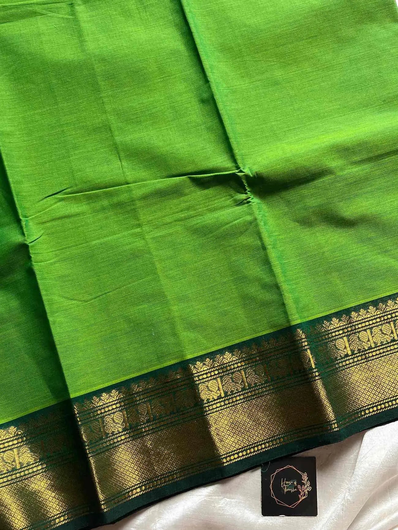 Green Kanchi cotton saree with subtle golden zari border – House of Thansha