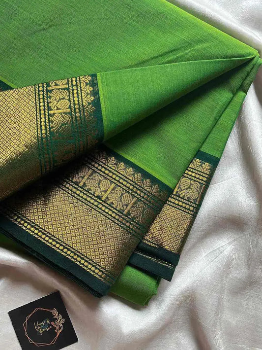 Green saree with gold border on a white background