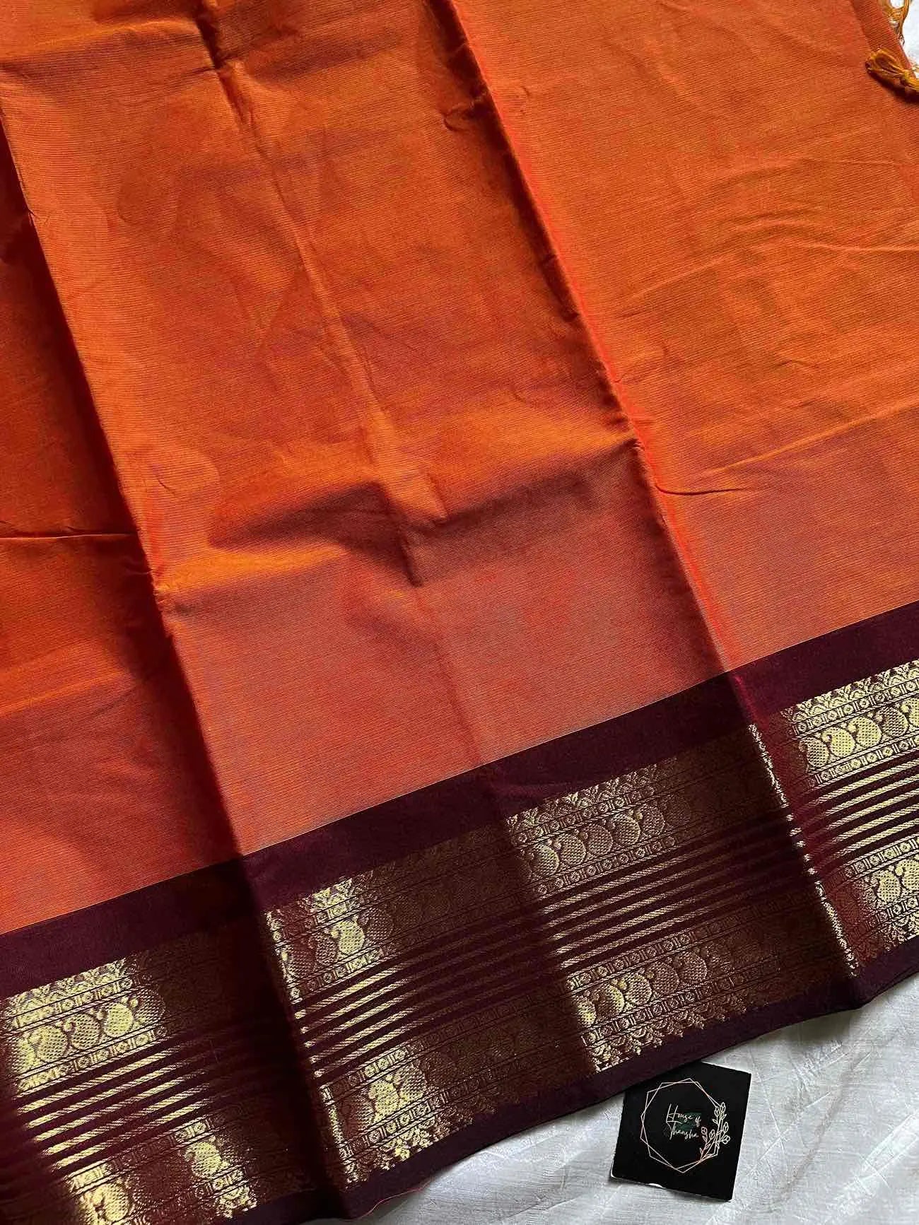 Pure Kanchi cotton saree with subtle golden zari border – House of Thansha