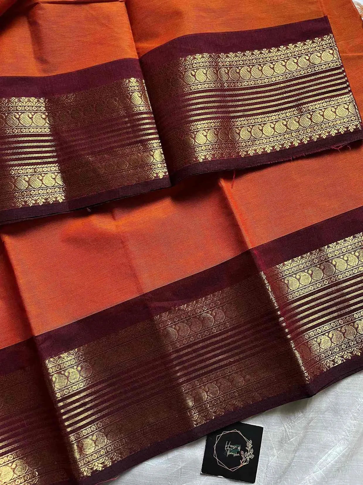 Pure Kanchi cotton saree with subtle golden zari border – House of Thansha