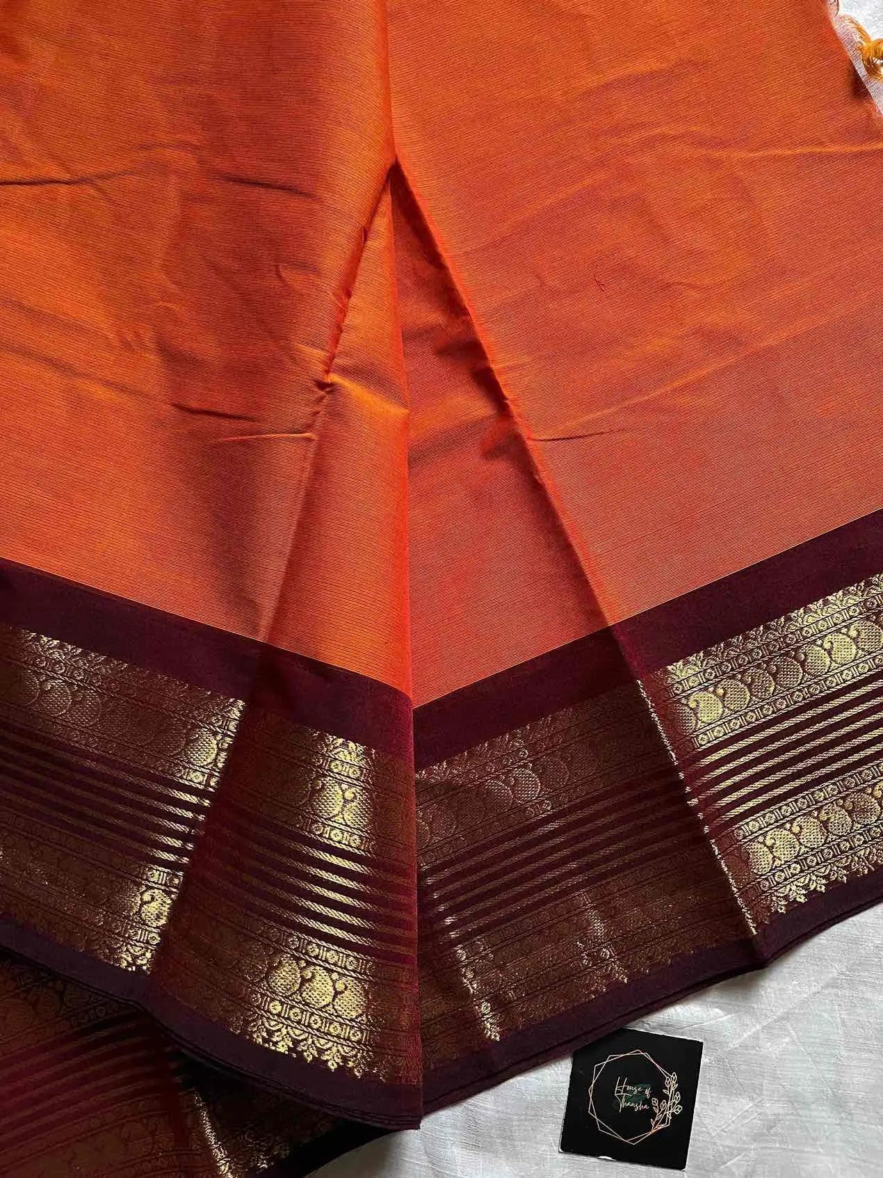 Pure Kanchi cotton saree with subtle golden zari border – House of Thansha