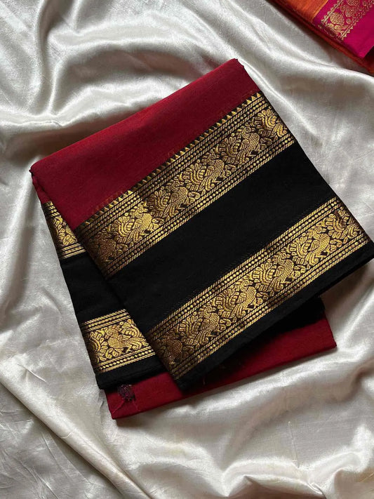 Subtle Weaves – Maroon & Black Kanchi Cotton Saree