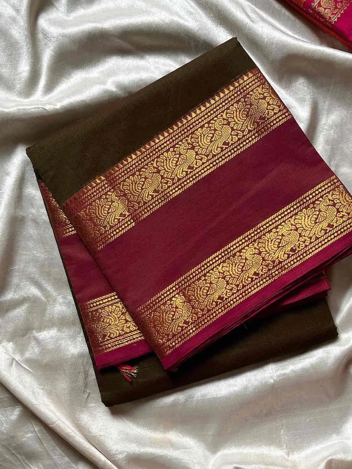 Subtle Weaves – Olive Green Kanchi Cotton Saree