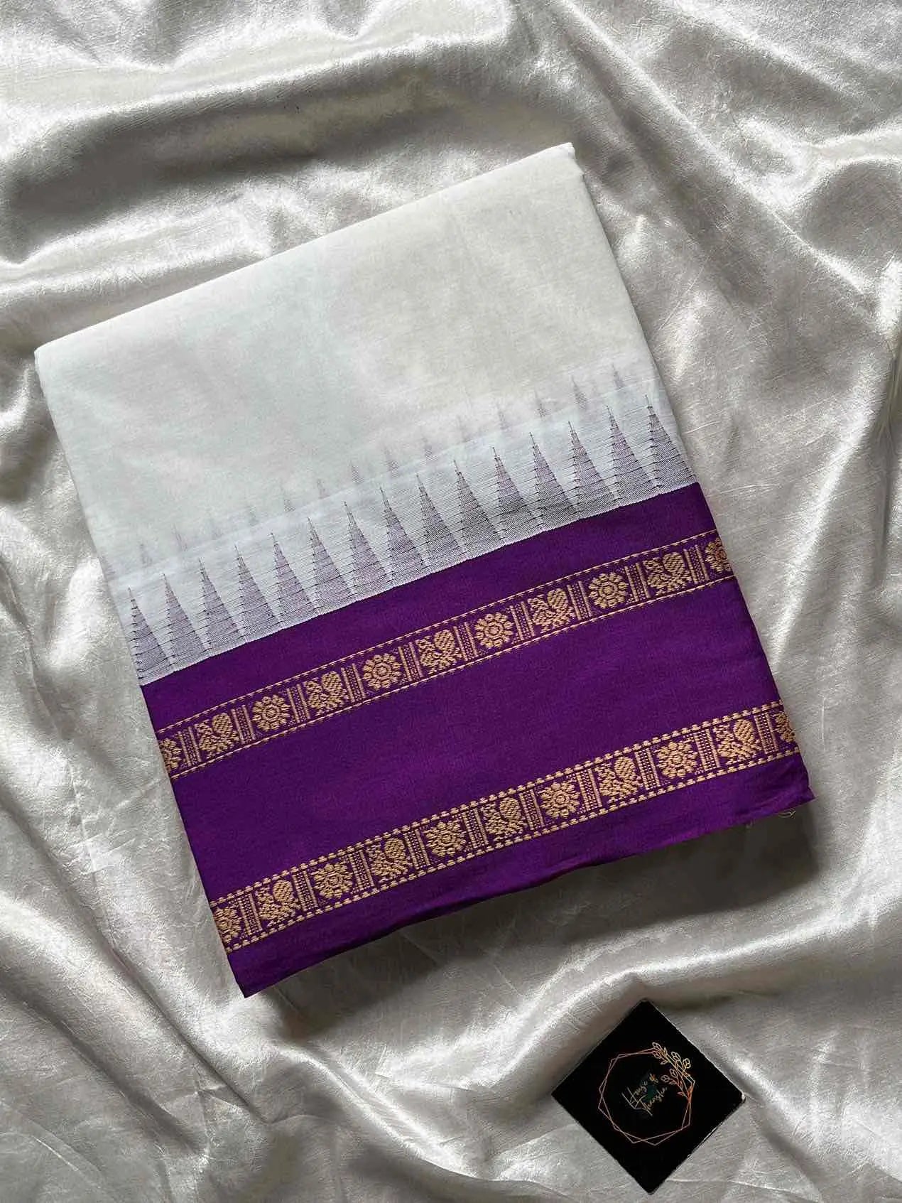White Kanchi cotton saree with violet korvai border – House of Thansha