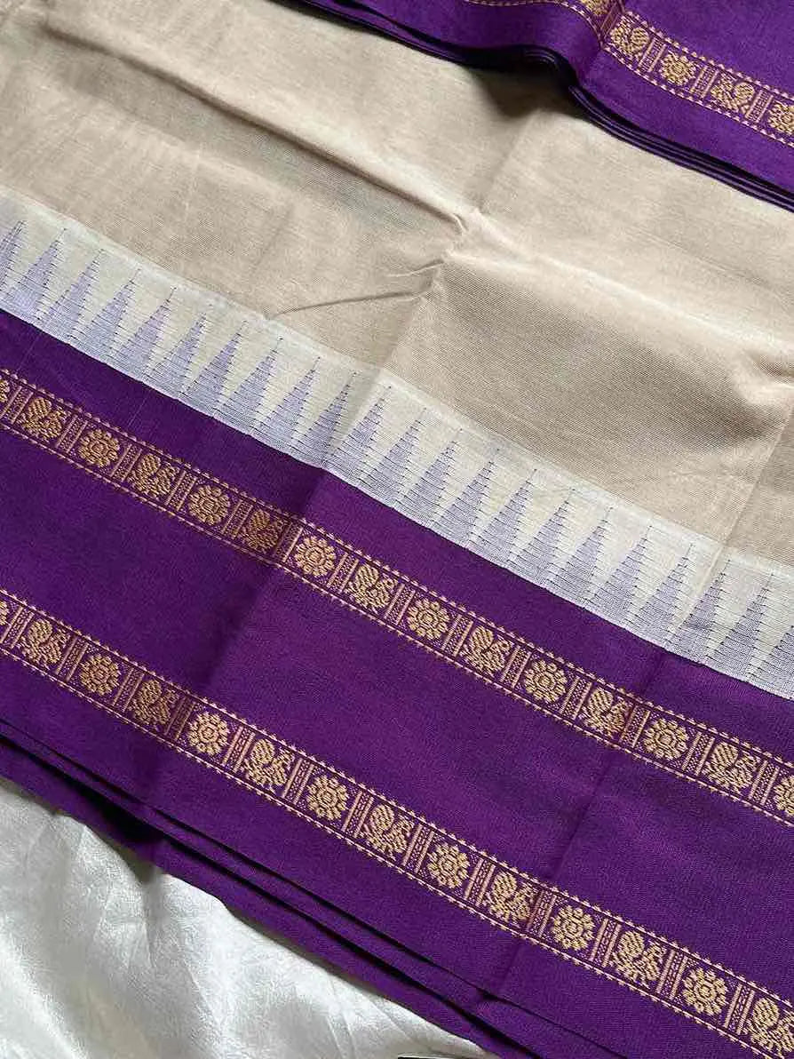 White Kanchi cotton saree with violet korvai border – House of Thansha