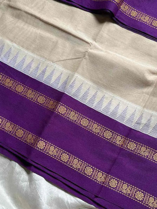 White Kanchi cotton saree with violet korvai border – House of Thansha
