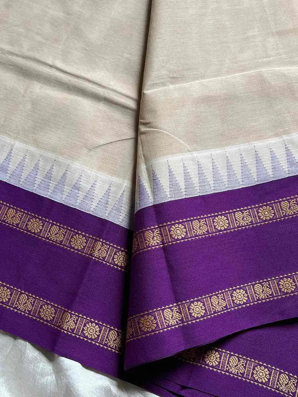 White Kanchi cotton saree with violet korvai border – House of Thansha