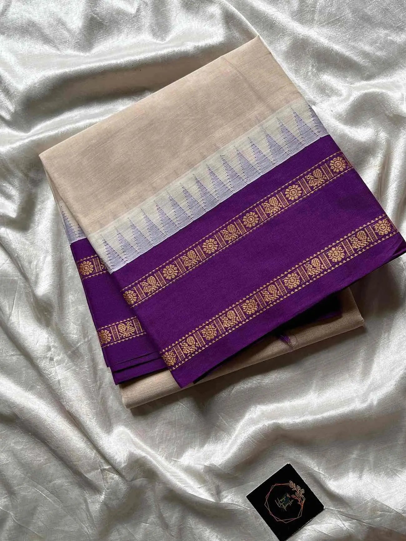 White Kanchi cotton saree with violet korvai border – House of Thansha