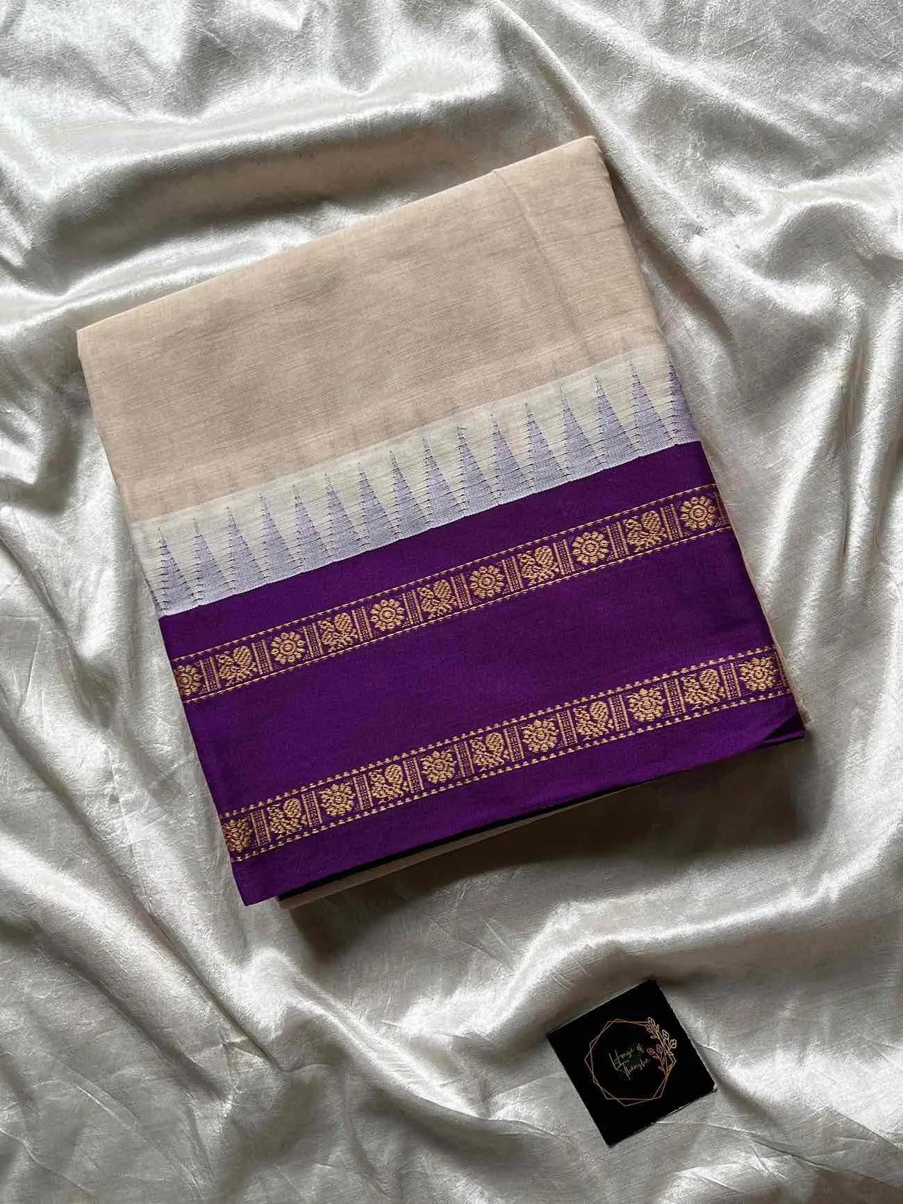 White Kanchi cotton saree with violet korvai border – House of Thansha
