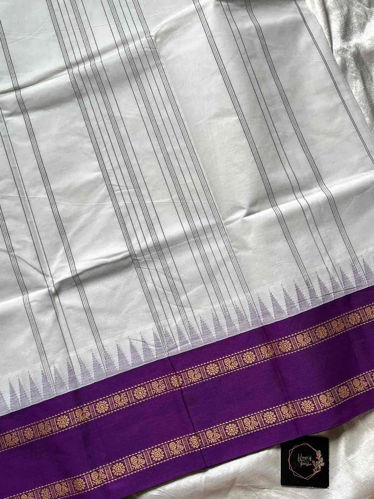 White Kanchi cotton saree with violet korvai border – House of Thansha