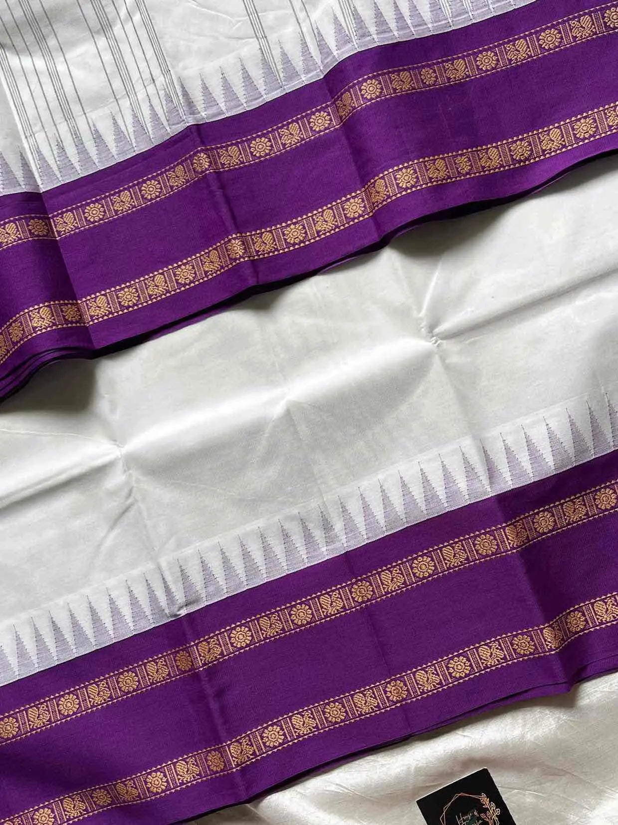 White Kanchi cotton saree with violet korvai border – House of Thansha