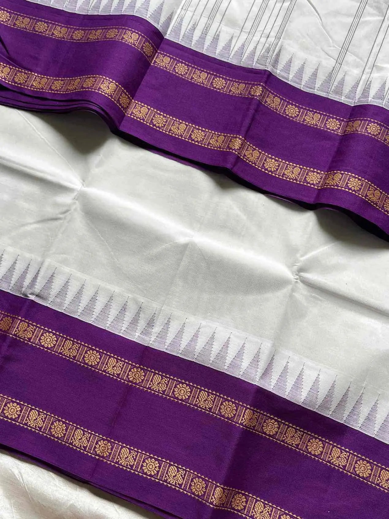 White Kanchi cotton saree with violet korvai border – House of Thansha
