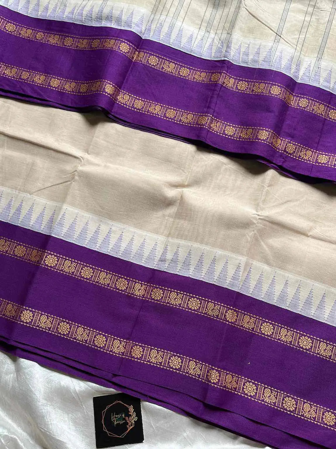 White Kanchi cotton saree with violet korvai border – House of Thansha