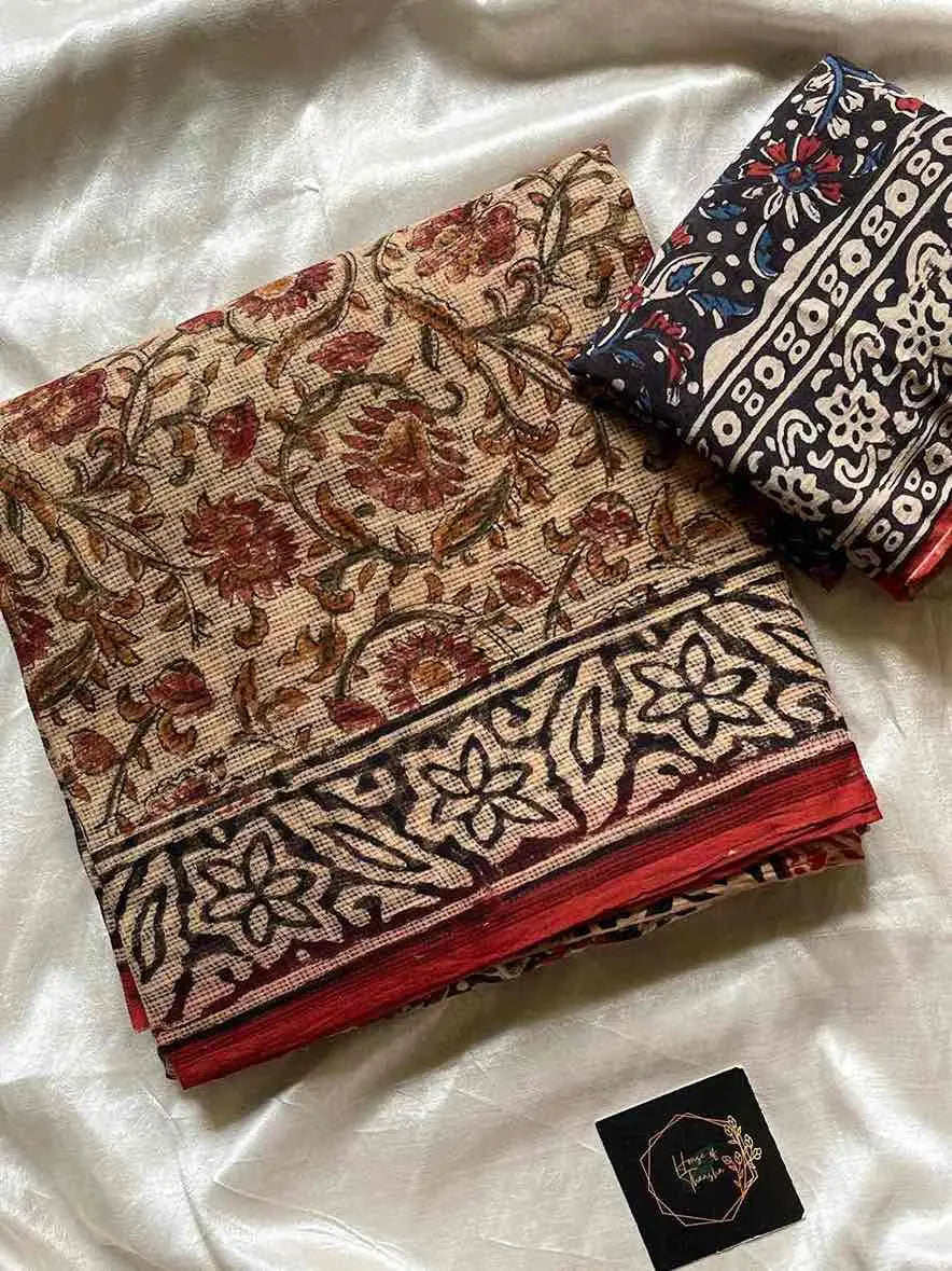 Kota Doria handblock saree with mulmul blouse – House of Thansha