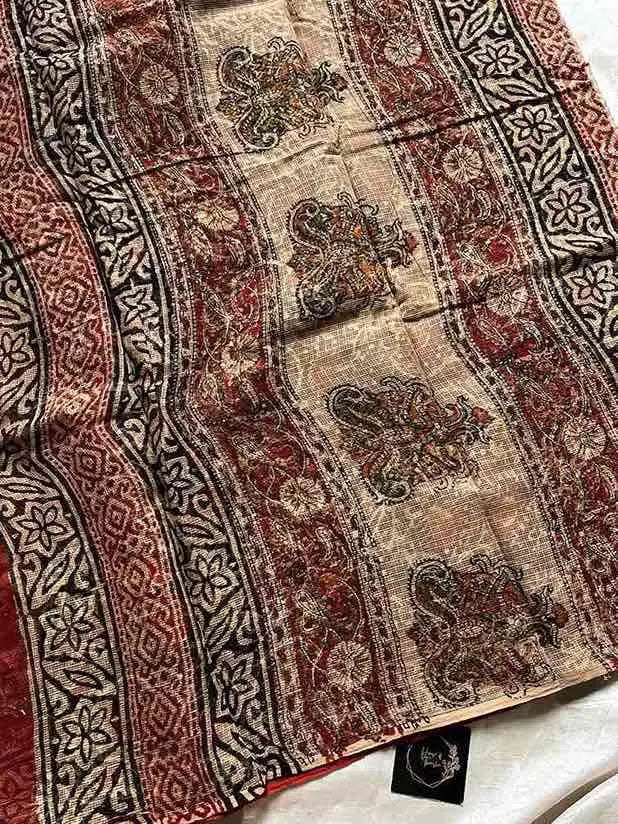 Kota Doria handblock saree with mulmul blouse – House of Thansha