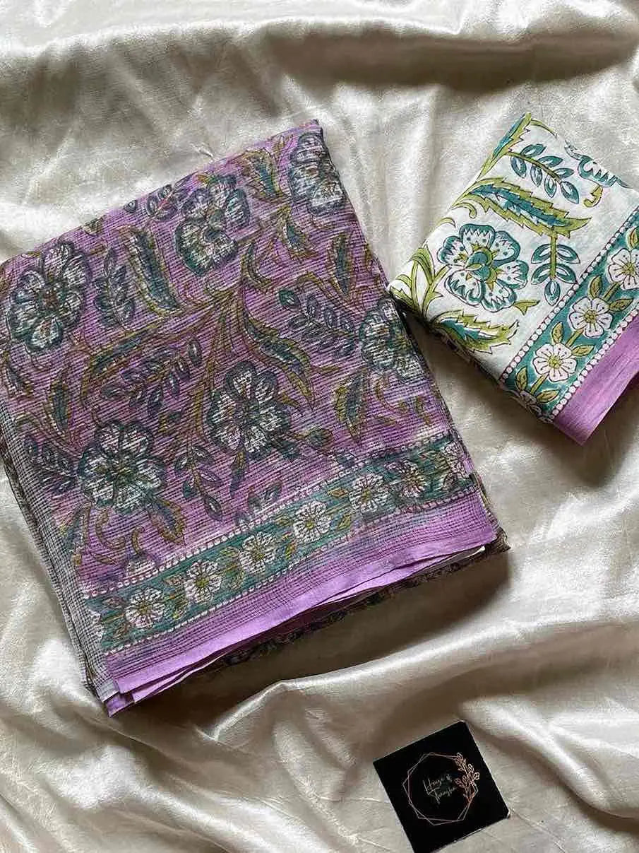 Kota Doria handblock saree with mulmul blouse – House of Thansha