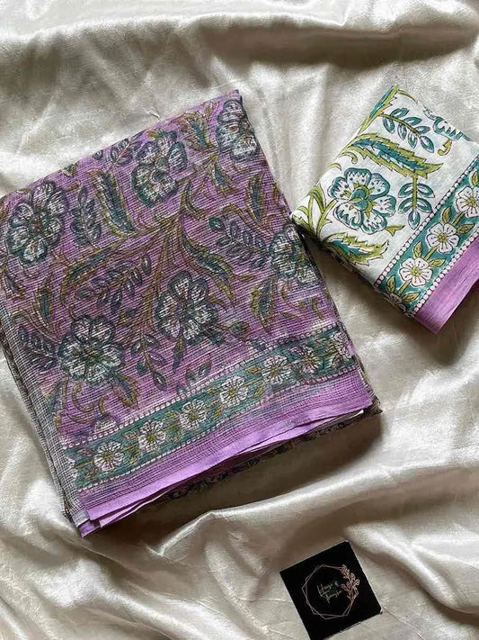 Kota Doria handblock saree with mulmul blouse – House of Thansha