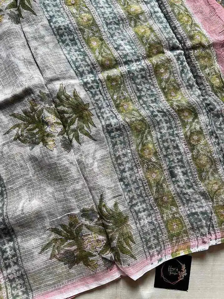 Kota Doria handblock saree with mulmul blouse – House of Thansha