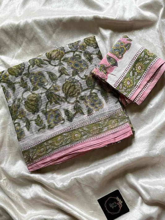 Kota Doria handblock saree with mulmul blouse – House of Thansha