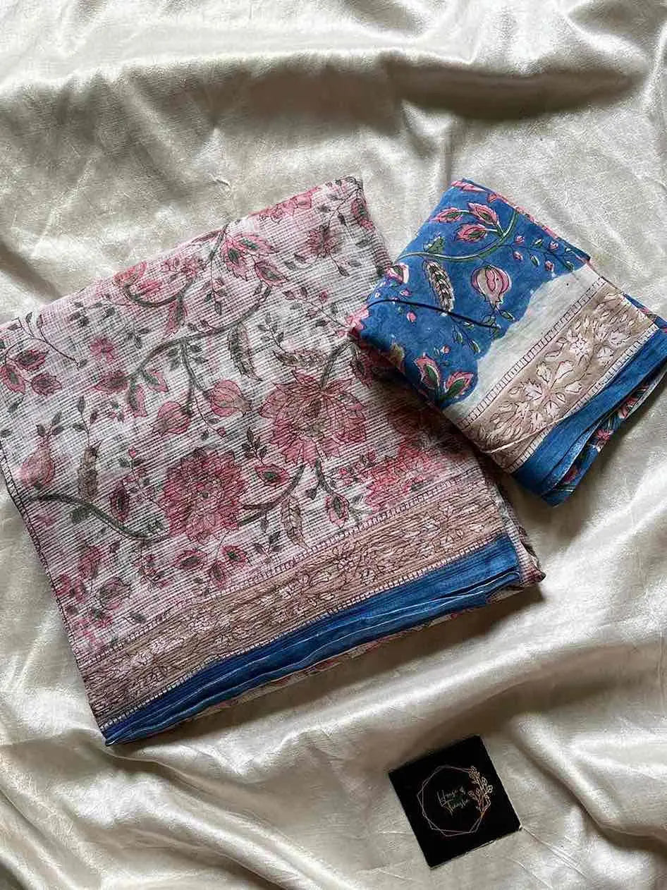 Kota Doria handblock saree with mulmul blouse – House of Thansha