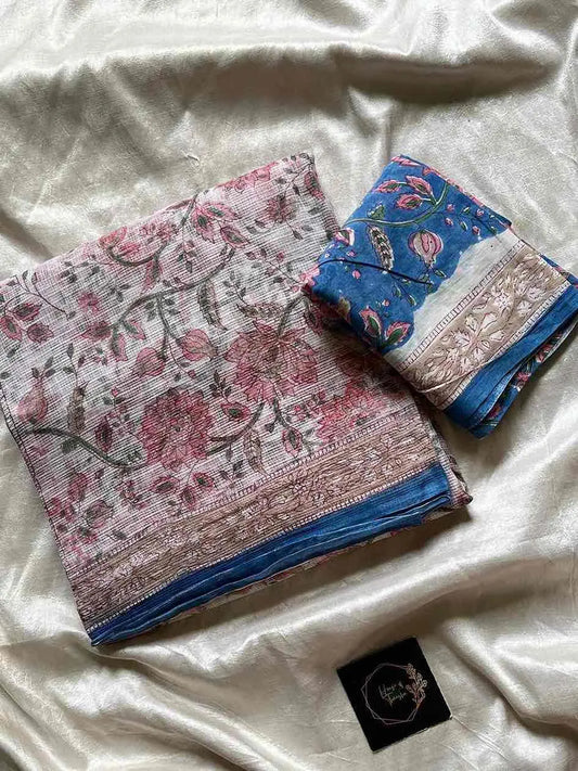 Kota Doria handblock saree with mulmul blouse – House of Thansha