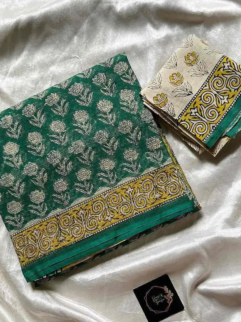 Kota Doria handblock saree with mulmul blouse – House of Thansha