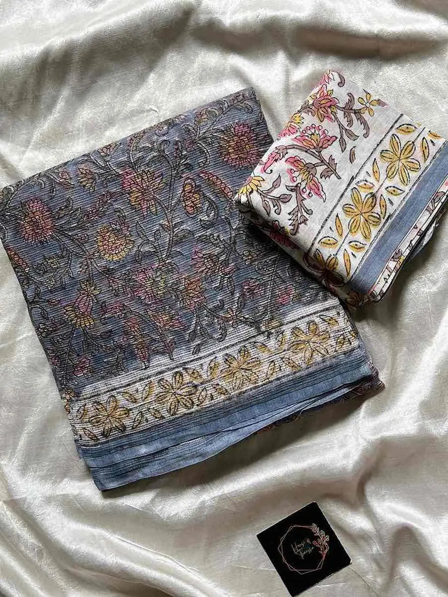 Kota Doria handblock saree with mulmul blouse – House of Thansha