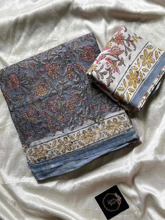 Kota Doria handblock saree with mulmul blouse – House of Thansha