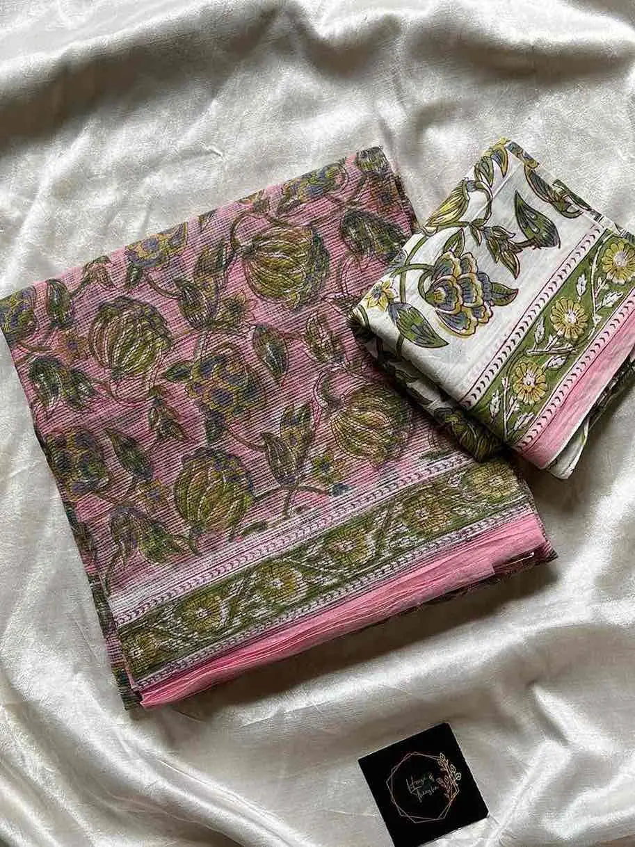 Kota Doria handblock saree with mulmul blouse – House of Thansha