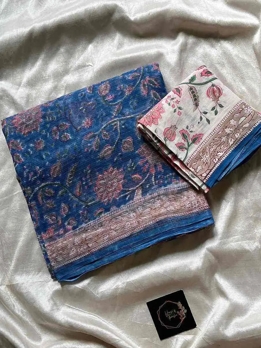 Kota Doria handblock saree with mulmul blouse – House of Thansha