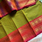 Leaf green Chettinadu cotton saree with peach zari border and medium kattam checks – Raaga by House of Thansha