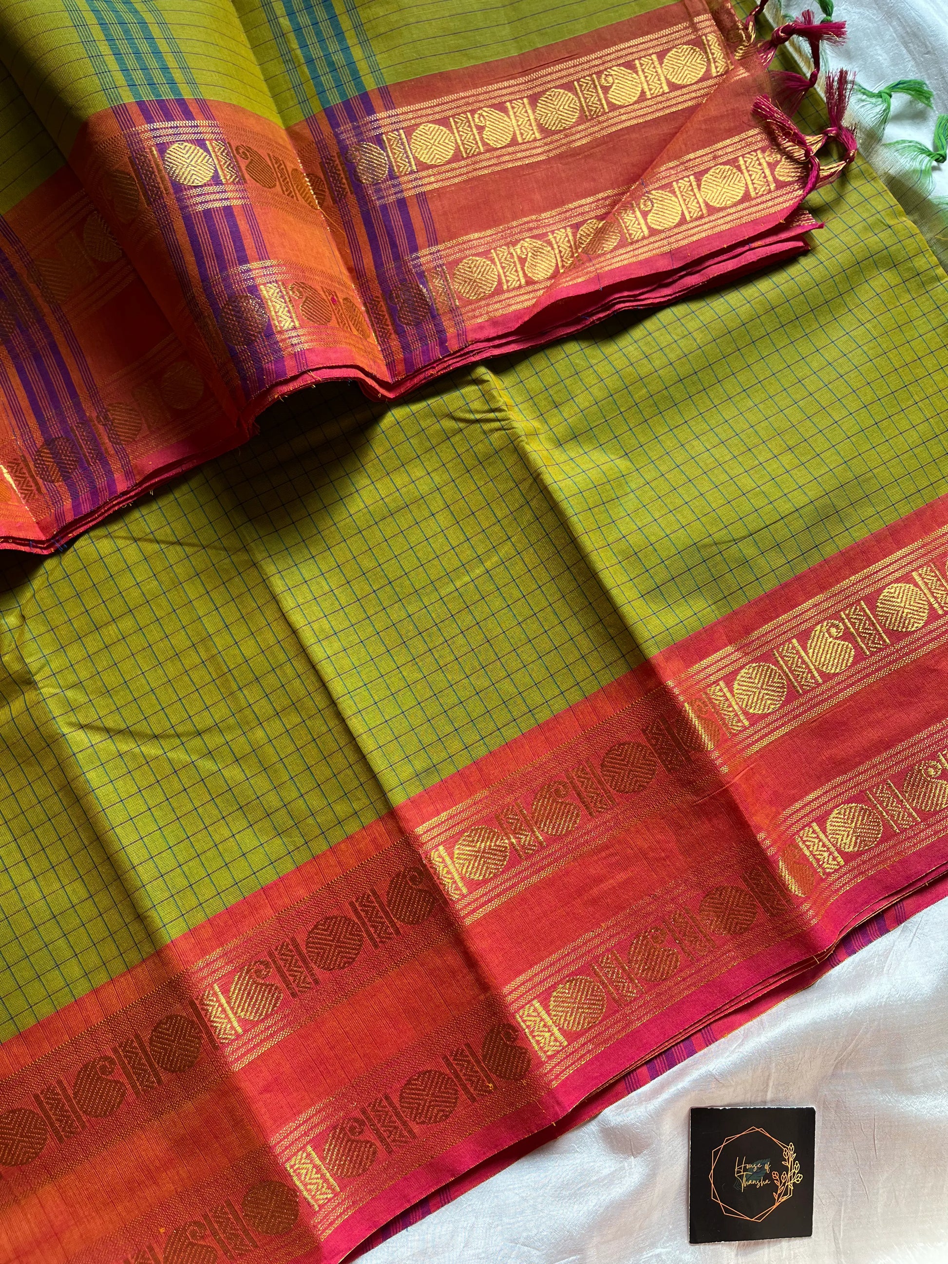 Leaf green Chettinadu cotton saree with peach zari border and medium kattam checks – Raaga by House of Thansha