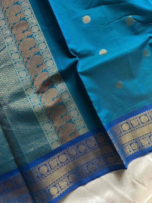 Soft mercerised Kanchi cotton saree with intricate zari border and motifs – House of Thansha